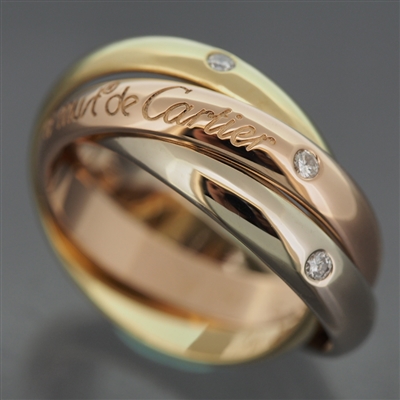 CARTIER 18K TRI COLOR GOLD TRINITY RING WITH 3 DIAMONDS SIZE 50 WITH BOX